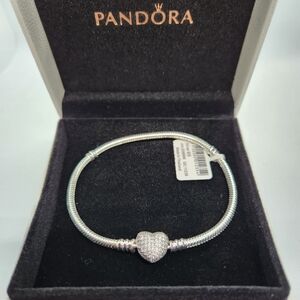 Pandora Moments Sparkling Heart Crown Claps Snake Chain Bracelet Size 7.9 inches